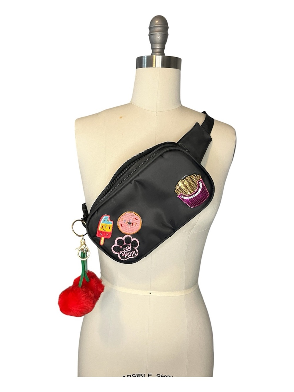 Black Patch-Embellished Crossbody Belt Bag